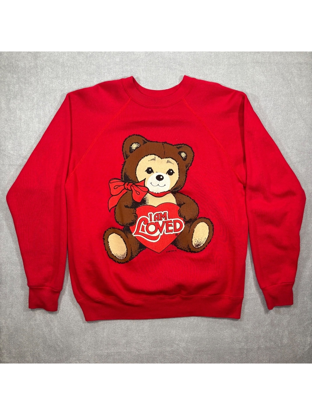 Vintage 1987 Artex 'I Am Loved' Teddy Bear Red Raglan Sweatshirt Size Medium
